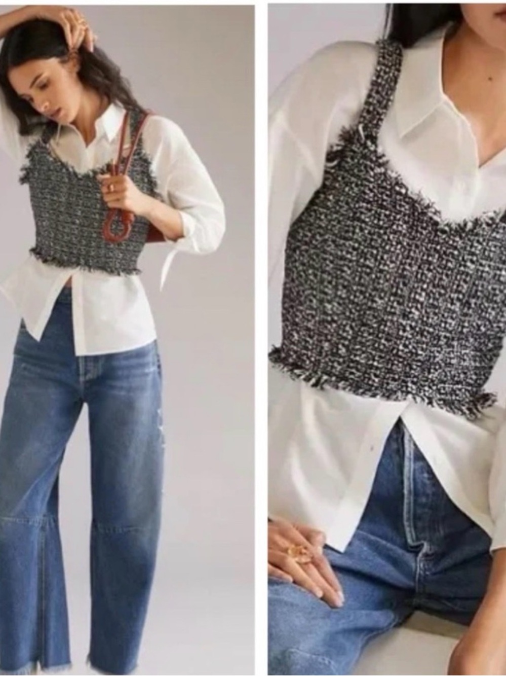 MARE Anthropologie Frayed Edge Tweed Crop Tank Top - Brown Size M
